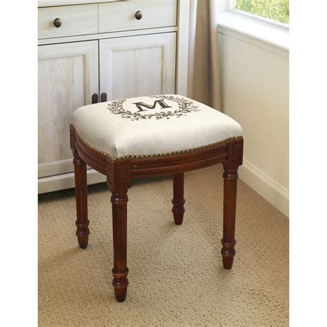 123 creations monogram victorian traditional chestnut foam linen wood vanity stool