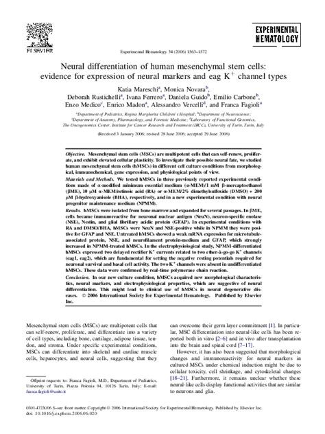 (PDF) Neural differentiation of human mesenchymal stem cells: Evidence for expression of neural ...