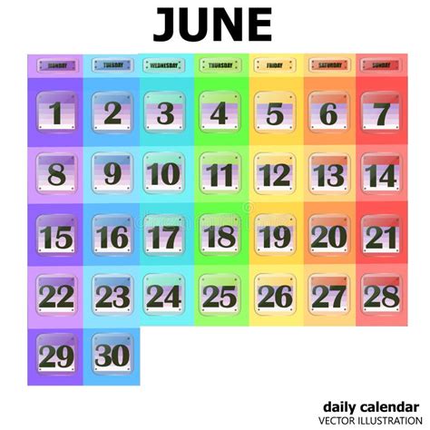 Colorful Calendar For June 2020 In English Set Of Buttons With