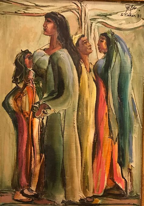 An Oil Painting Of Three Women Standing In Front Of A Mirror