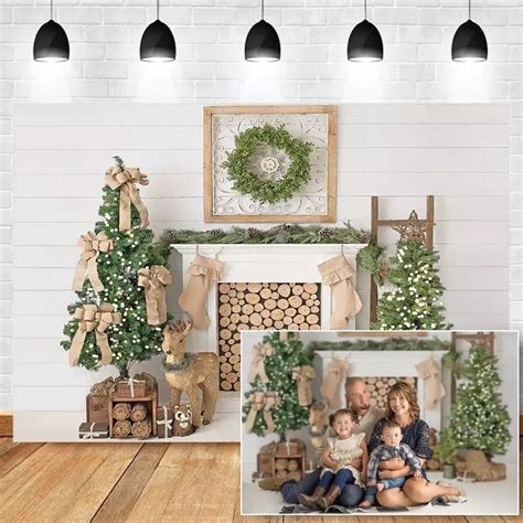 Christmas Backdrop White Fireplace Christmas Tree Decor Photocall