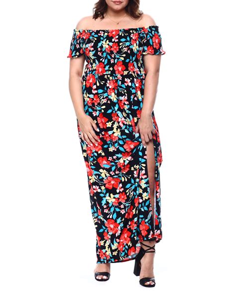 Buy Off Shoulder Smocked Bodice Print Maxi Dress Plus Womens Dresses