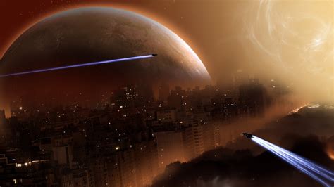 Space Planet City Science Fiction Spaceship Futuristic Artwork