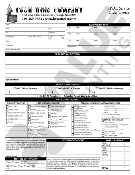 Hv 1033 Hvac Maintenance Agreementtune Up Checklist Combo Value Printing