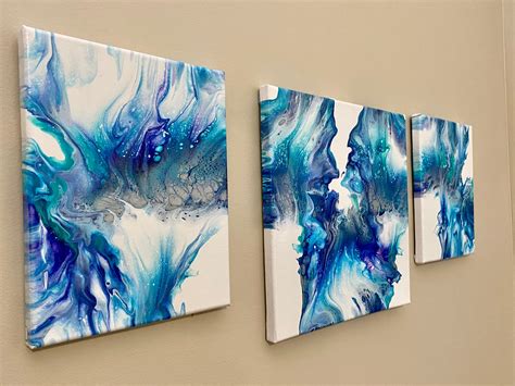 Blue White Triptych Abstract Painting Acrylic Pour Painting Etsy