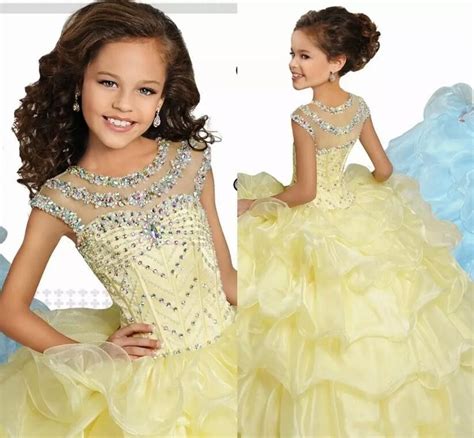 Light Yellow Princess Ball Gown Girls Pageant Gowns Cap Sleeves