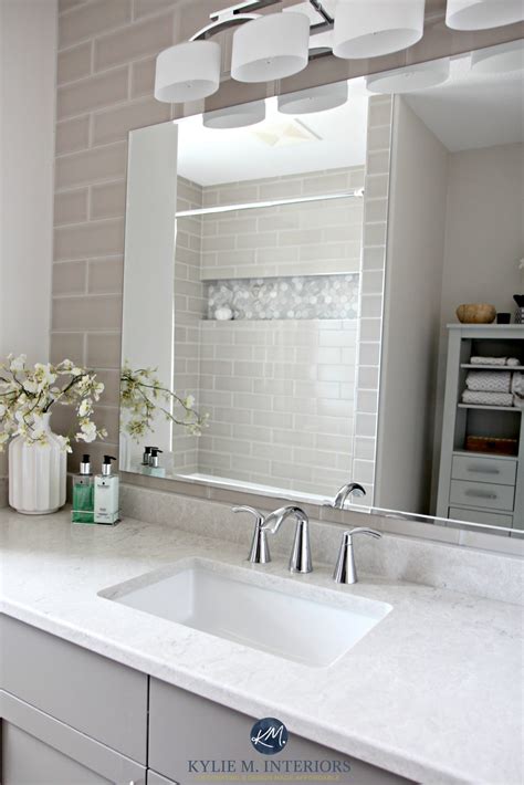 Bathroom With Subway Tile Wall Behind Vanity Bianco Drift Quartz By