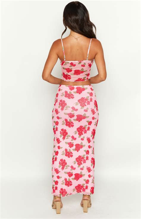 Emz Pink Floral Mesh Midi Skirt Beginning Boutique