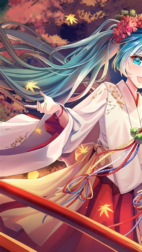 Wallpaper Hatsune Miku Autumn Leaves Kimono Aqua Hair Vocaloid
