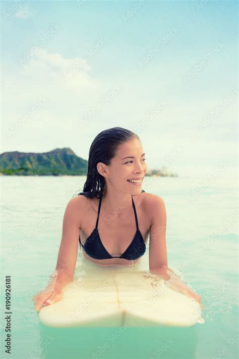 Surfer Woman Surfing On Waikiki Beach Oahu Hawaii Female Bikini Girl On Surfboard Smiling