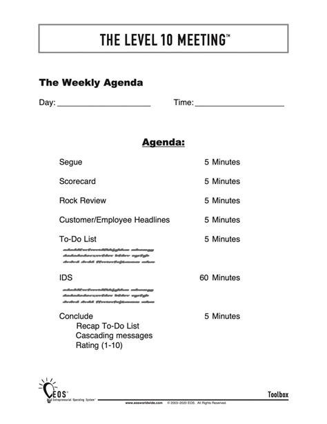 sample of printable eos level 10 meetings business traction level 10 meeting agenda template
