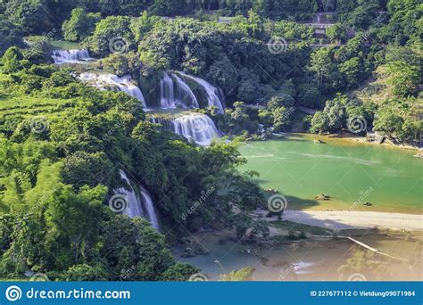 Ban Gioc Detian Waterfall On China And Vietnam Border Aerial View Stock