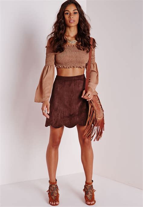 Faux Suede Scalloped Hem Skirt Dark Tan Skirts Faux Leather And Suede