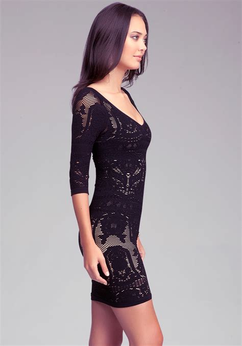 Lyst Bebe Lace Drama Bodycon Dress In Black