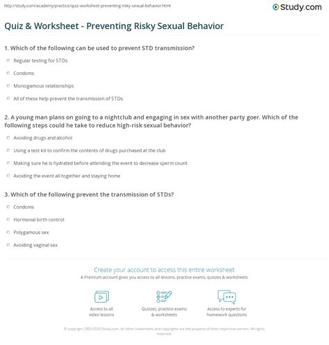 Quiz And Worksheet Preventing Risky Sexual Behavior