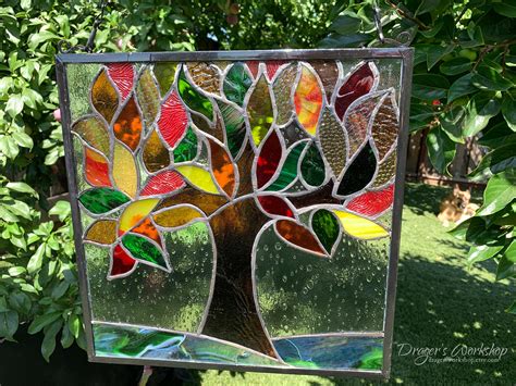 Ooak Stained Glass Autumn Tree Of Life Hanging Window Panel Etsy
