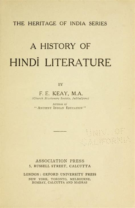 A History Of Hindi Literature Keay F E Frank Ernest Free