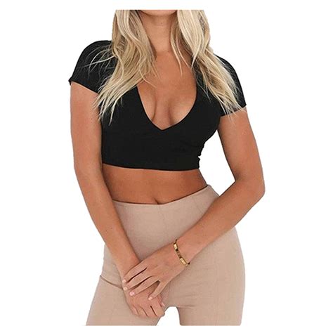 Women S New Fashion Short Sleeve Deep V Neck Cropped T Shirt Tight Sexy Lace T Shirt Crop Tops