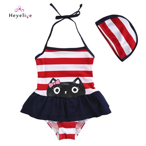 Cute Childrens One Piece Swimsuits With Cap Stripped Halter Bathing