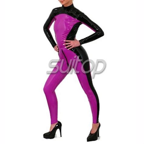 Suitop Latex Catsuit With Front Zip To Waist Back In Black And