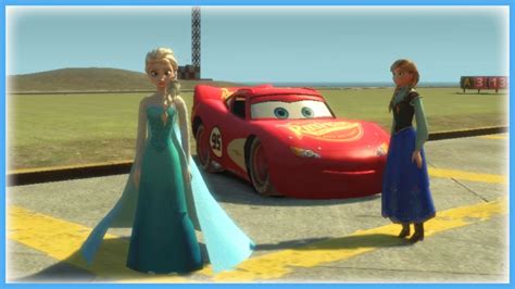 Frozen Princesses Elsa And Anna Driving Lightning Mcqueen Youtube