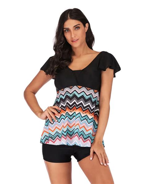 2019 Women Tankini Plus Size Swimsuit Ruffle Short Sleeve Topshorts