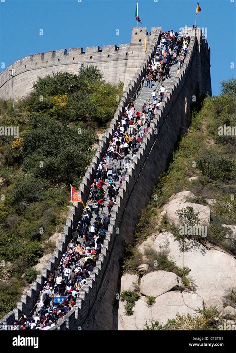 The Great Wall Of China Near Beijing Large Crowds Climb Steep Stairs