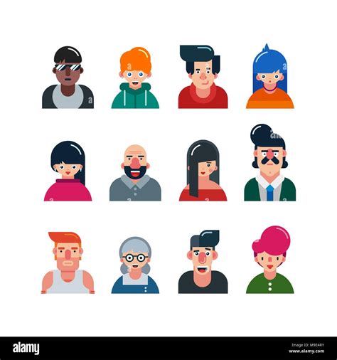 Set Of People Flat Avatars Male And Female Faces Funny Men And Women Characters Vector