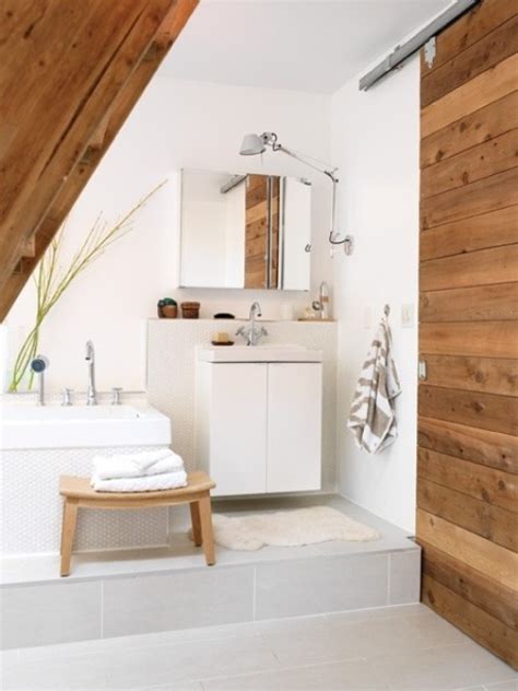 Half the space is in a rustic wood, while the bathroom half is. 38 Practical Attic Bathroom Design Ideas - DigsDigs