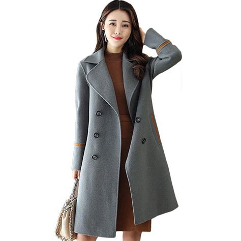 Office Lady Slim Womens Long Coats 2018 Winter Double Breasted Wool