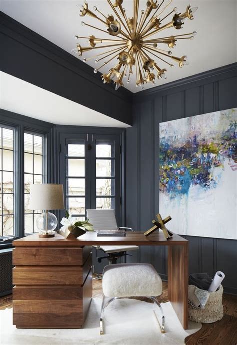 Home Office With With Dark Gray Paint Art And Brass Chandelier Home