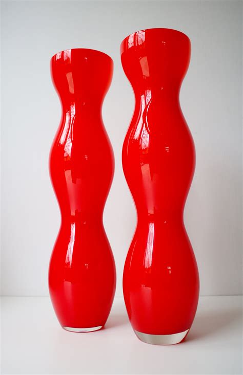 1980s Pair Of Cased Glass Tall Floor Vases In Red With White Inner Retro Swedish Sia
