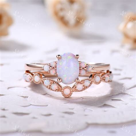 Oval Opal Engagement Ring Set Rose Gold Opal Wedding Ring Set Etsy