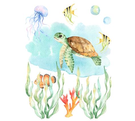 Sea Life Watercolor Underwater Themed Oceanside Beach Etsy