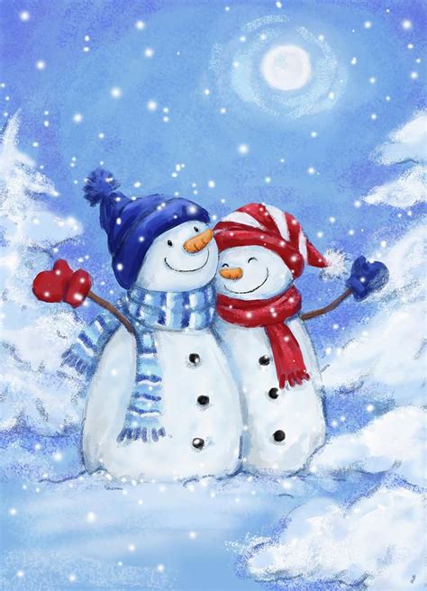 Couple Mixed Media Two Snowmen 3 By Makiko Christmas Paintings