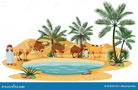 Oasis In Desert With Camel And Nature Elements On White Background