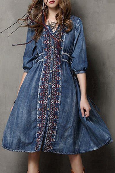 Embroidered Single Breasted Midi Denim Dress Blue Bohemian Dresses Zaful