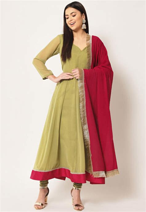 Solid Color Georgette Anarkali Suit In Light Olive Green Knv427