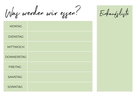 Wochenplan für die Familie | Vorlage für einen Essensplan