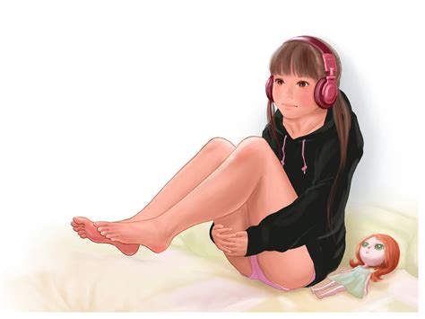 Safebooru Girl Barefoot Bed Blush Brown Hair Doll Feet Headphones