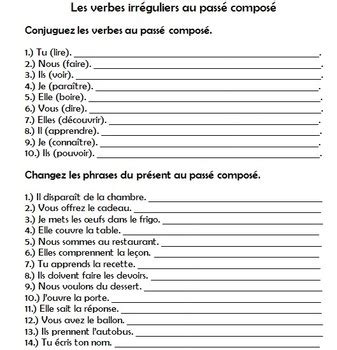 French Irregular Verbs In The Past Tense Passe Compose Worksheet