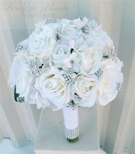 White Rose Wedding Bouquet Rhinestone Broach Bouquet Silk Etsy