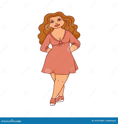 Beautiful Curvy Plus Size Woman Standing In Fashionable Dress Sketch Style Stock Vector
