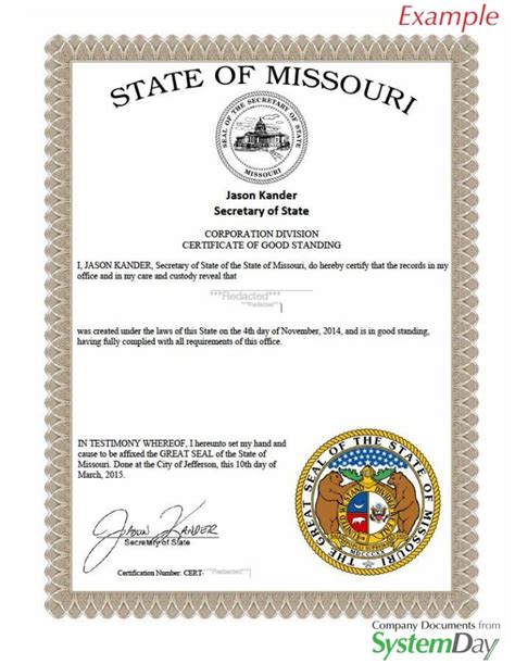 Missouri Certificate Of Good Standing Certificate Of Existence
