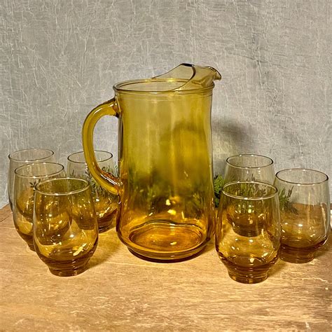 Vintage Libbey Amber Tempo Roly Poly Glasses And Pitcher With Ice Lip