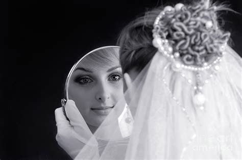 Beautiful Woman In Bridal Veil Looking At A Mirror Photograph By