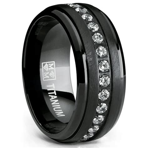 Ringwright Co Black Titanium Mens Eternity Wedding Band Ring With Clear Round Cubic Zirconia