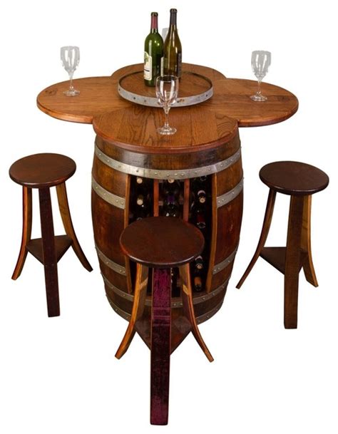 Wine Barrel Table Set With Rack Base Rustic Indoor Pub And Bistro