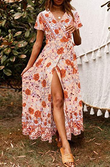 Zesica Womens 2023 Bohemian Floral Printed Wrap V Neck Short Sleeve Split Beach Party Maxi