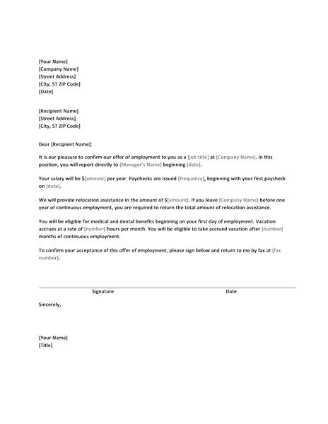 You ll see that this type of statement would typically be placed near the end of your cover letter. Job offer letter with relocation assistance - Templates ...